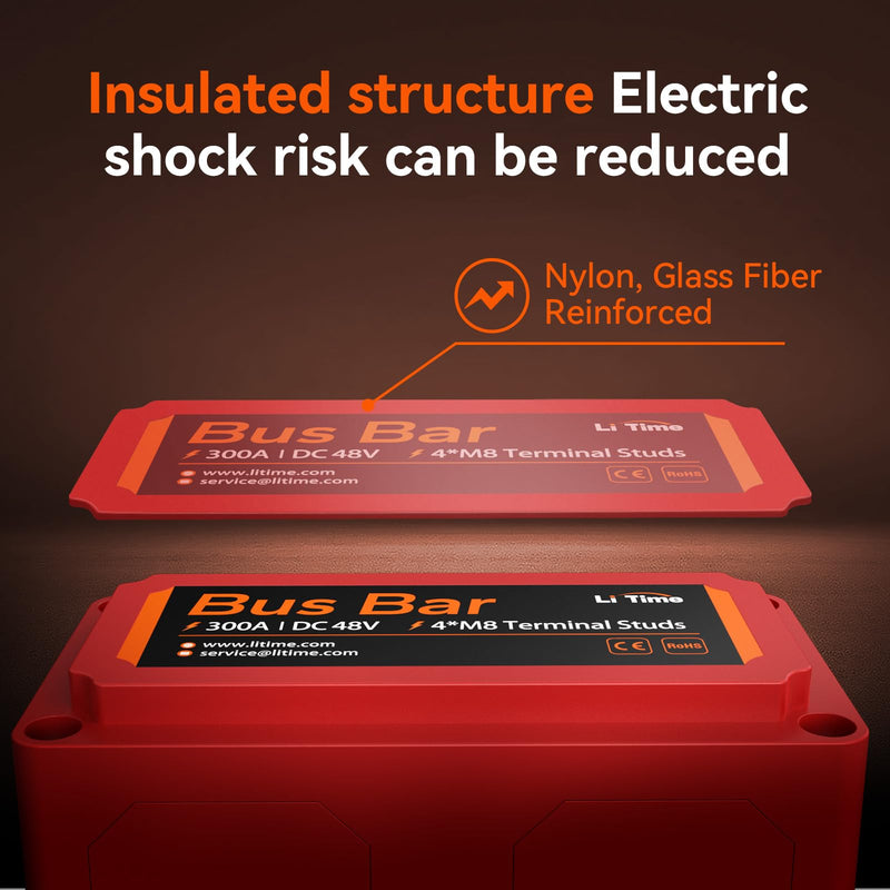 LiTime 300A Bus Bar (Red) 4*M8 Terminal Posts for LiFePO4 Batteries High Voltage and Current Suitable for Automotive, Marine, and Solar Applications and Electrical System Red 300A