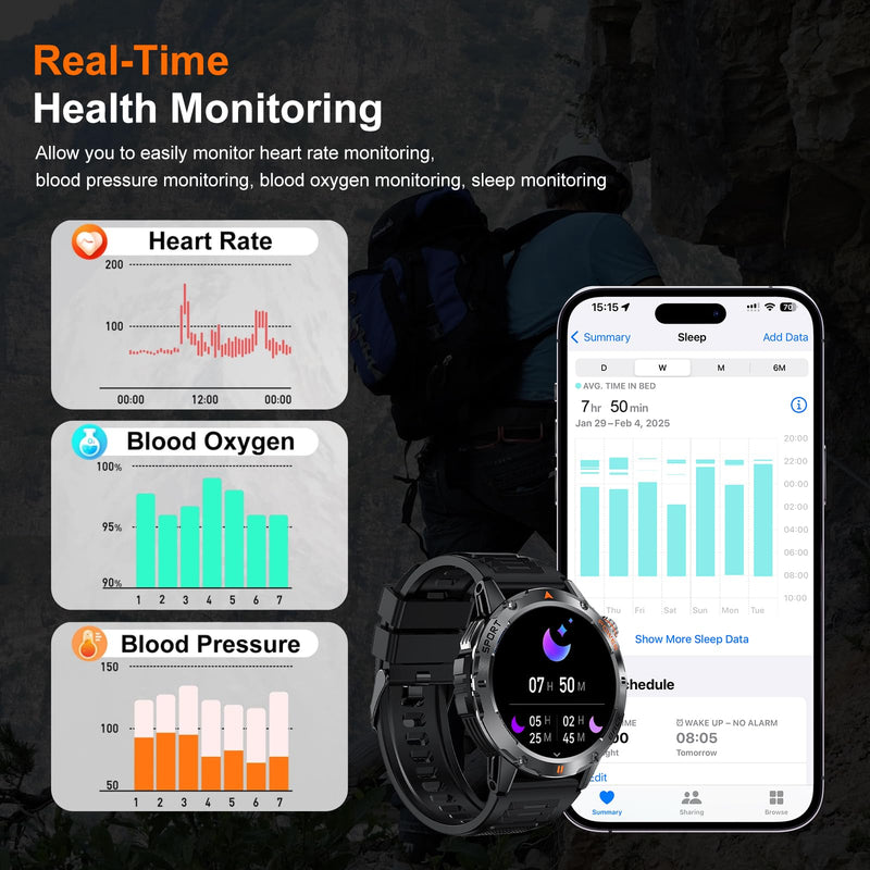 Military Smart Watch for Men, (Answer/Make Call) Fitness Smart Watch with Flashlight Compatible for Android & iPhone Waterproof with Blood Oxygen/HeartRate/Sleep/120+ Sport Modes (Black) Black