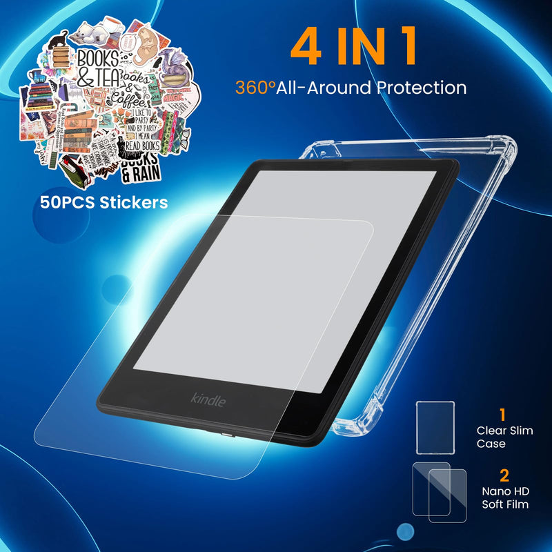 4 in 1 Clear Case with 2 Screen Protector and 50 Sticker for Kindle Paperwhite 11th Gen 2021 & Signature Edition (6.8"),【All-Around Protection】【Light Weight】【Anti-Scratch】Kindle Paperwhite Case, Clear