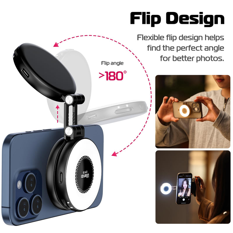 ULANZI Magnetic Selfie Light, LED Fill Light Compatible with Magsafe, LED Selfie Ring Light Included Sticky Ring for Phones, for Selfies/Photography/TikTok/Zoom Calls/Video Conference Color Black