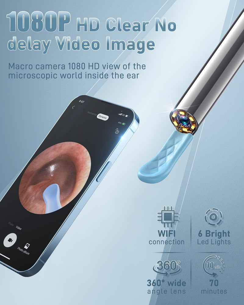 AOPICK Ear Wax Remover Otoscope, 1080P HD WiFi Ear Cleaner with Camera, 360° Wide Angle Otoscope Camera with 6 LEDs for iPhone, iPad and Android Smartphones