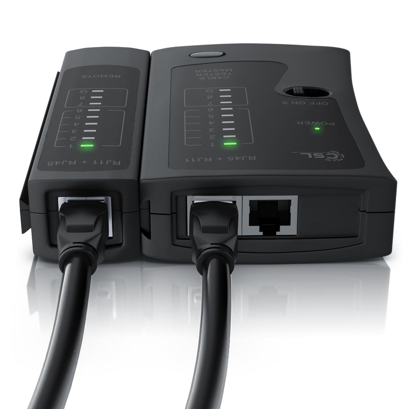 CSL - Network Tester - Network Cable Tester - for RJ45 and RJ11/12 (25)/14 Cable - Patch Cable Tester - LAN Network Cable Tester - 2 Speeds - Test LEDs for Precise Testing