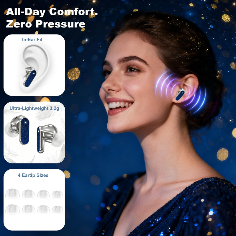 Wireless Earbuds, Jewelry Wireless Headphones with Active Noise Cancellation, Anniversary & Birthday Gifts for Women/Girls/Wife, in-Ear Bluetooth 5.4 Earphones Clear Calls - Blue Black gold sand