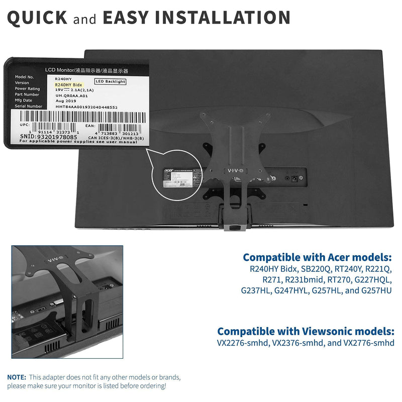 VIVO Quick Attach VESA Adapter Designed for Acer and Viewsonic Monitors Including R240HY bidx, SB220Q, RT240Y, R221Q, RT270, G227HQL, VX2276-smhd, & More w/ Single Monitor Mount for Screens up to 22lb