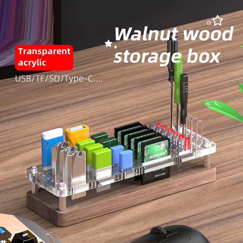 FEIFANZHE Wooden Memory TF SD Card Case and USB Drive / SD Card Holder Desk,Micro SD Card Case,Memory Card Case, Bolt Driver and Sim Card Tray Pin Ejector Case-02MY pure walnut wood + transparent acrylic