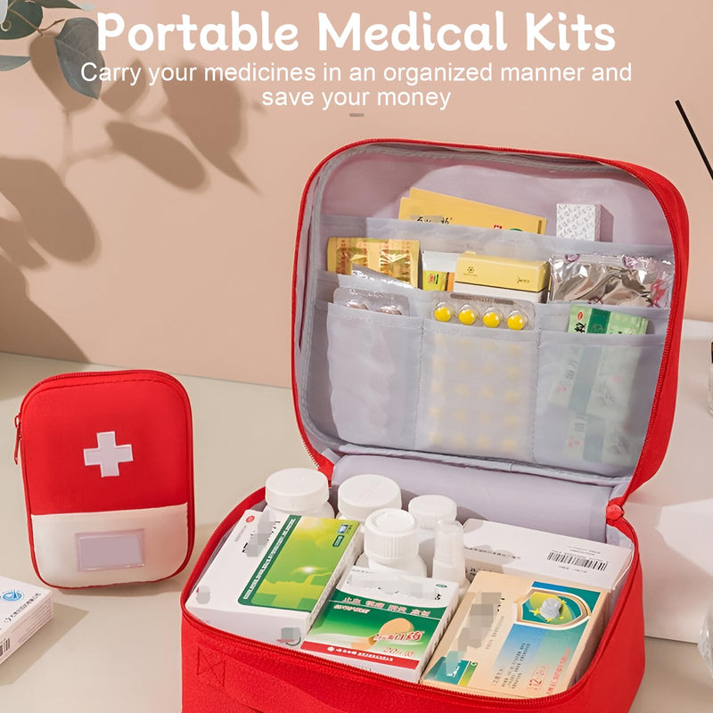 CHENKEE Pack of 4 Portable Medicine Bag, Large Capacity Medical Emergency Bag, Travel Pharmacy Bag, Waterproof, Medication Bag for Home Office Travel (Red), red