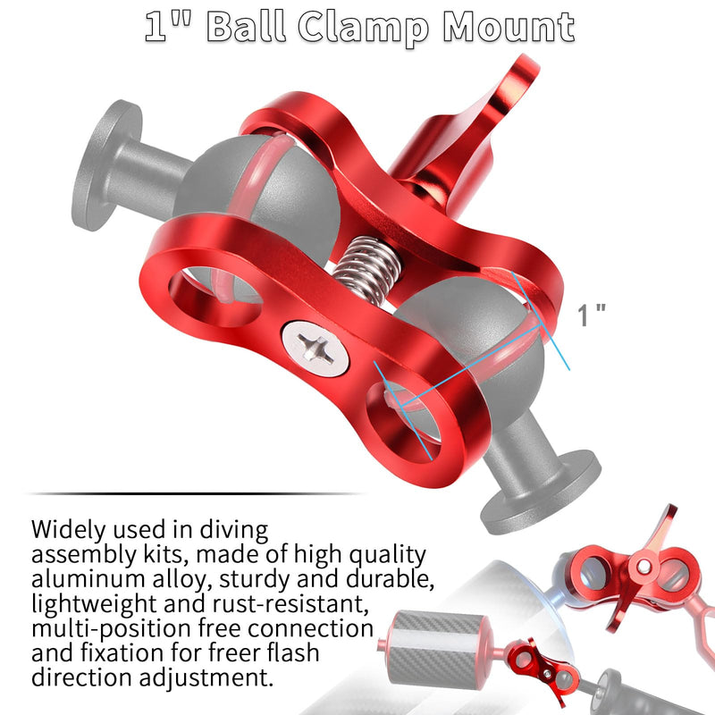 2-Hole 1" Aluminum Underwater Camera Clamp Ball Mount (2-Pack) - Underwater Bracket for Diving Light Arms & Camera Trays, Saltwater-Resistant Adapter for Scuba Photography/Videography Gear Double Holes Red
