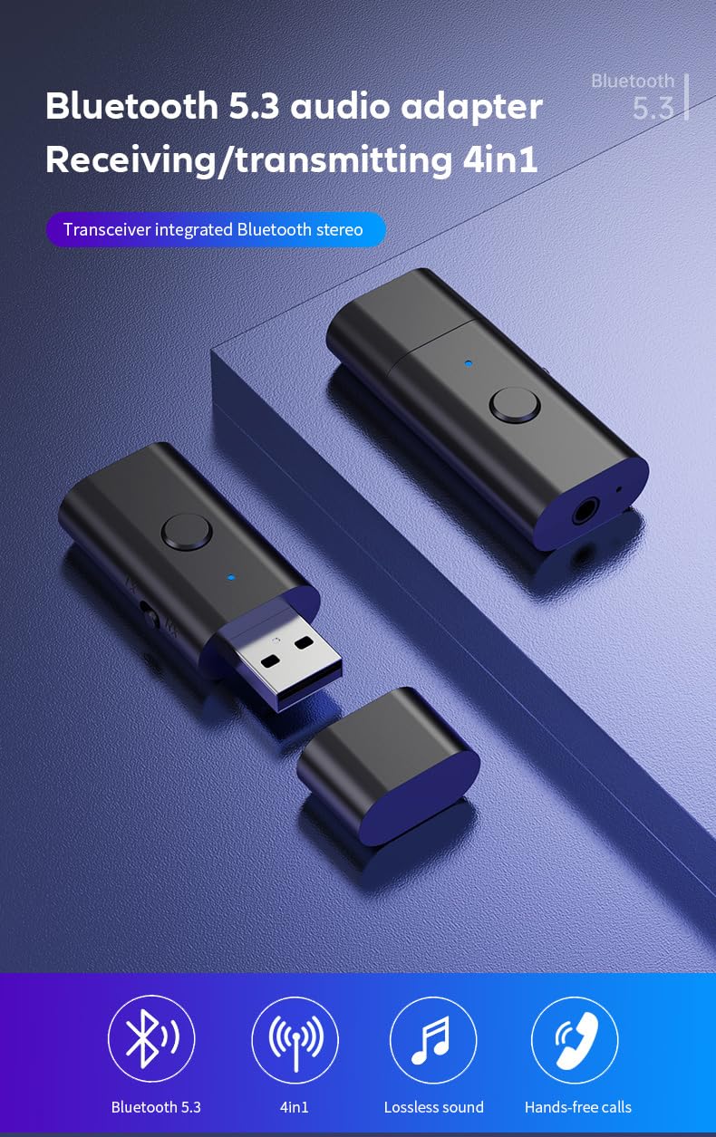 Bluetooth 5.3 Transmitter Receiver, 3.5mm Aux Wireless USB Adapter, Low Latency, Built in Mic, Music Streaming, Handsfree Calls, Driver Free- for TV, PC, Home/Car Stereo, Headphones, Speakers