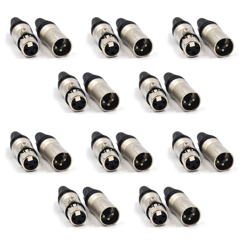 (20 Pack) 3-Pin XLR Cable Connector 10 Male & 10 Female Solder Type Mic Audio Socket Microphone Line Plug Connector, Black Housing Silver Contacts 3-Pin (20 PACK)