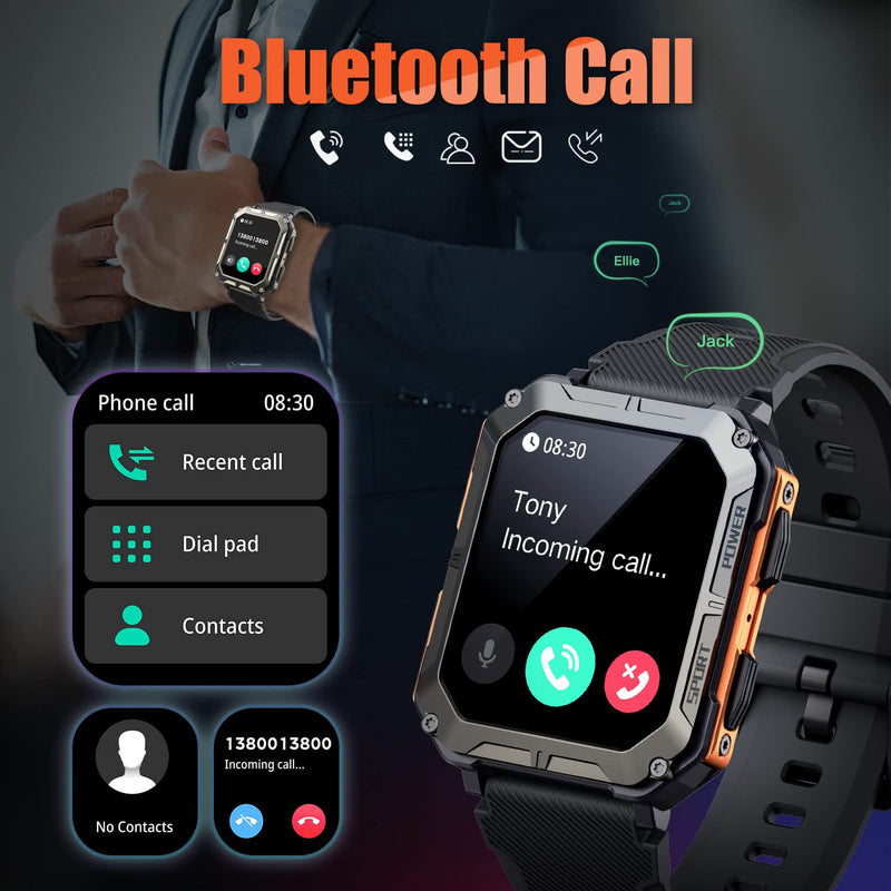 meoonley Military Rugged Smartwatch for Men,Sport Watch with Answer/Make Call IP68 1.83 inch Fitness Tracker Pedometer SpO2 for Outdoor Enthusiasts Black