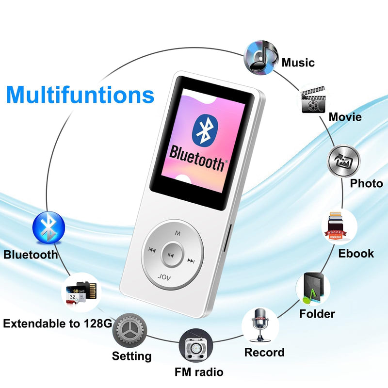 [AUSTRALIA] - Aigital MP3 Player with Bluetooth and 32GB TF Card, HiFi Music Player with Built-in Speaker and Earphones, Multifunctional MP3 Players with FM/Recording/E-Book/Video,Silver White 