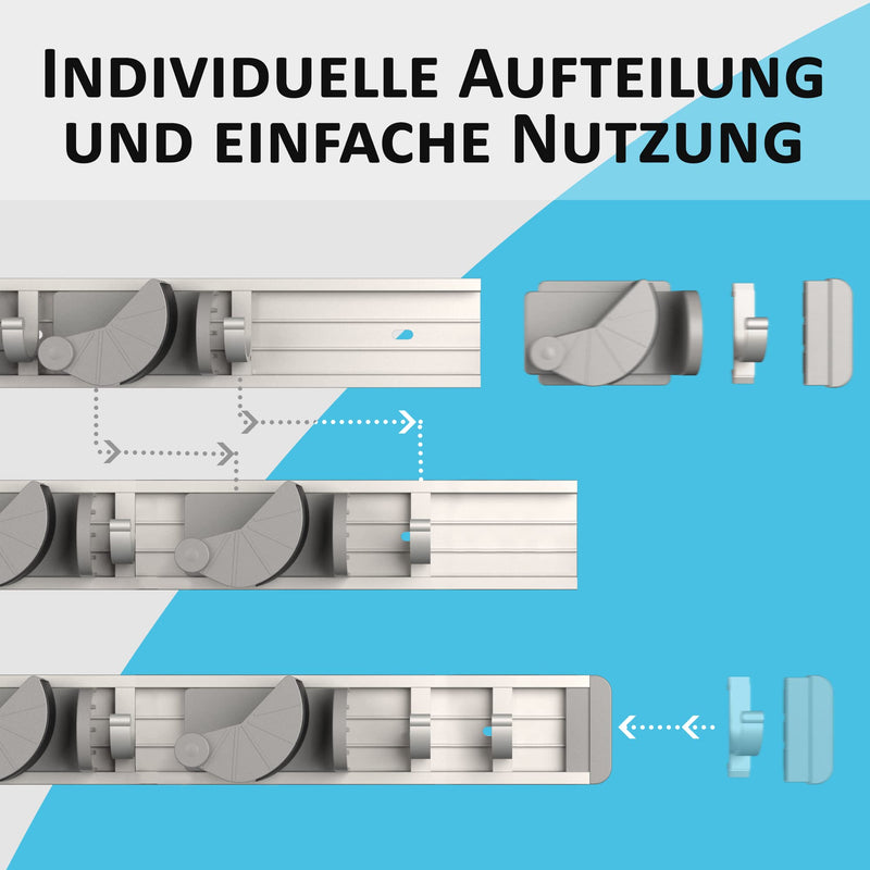 Space-saving tool holder [set of 2] - aluminium profile with 4 individually positionable brackets and 5 hooks [for brooms, garden tools, tools] - ideal in garage, workshop and garden
