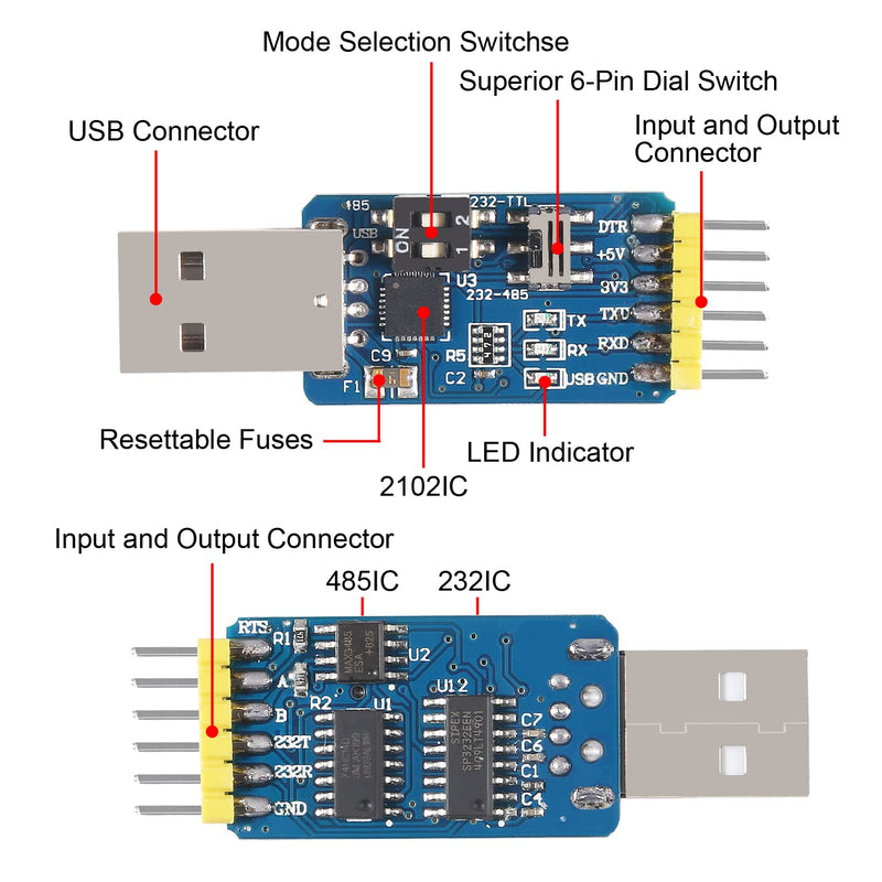 5Pcs USB-UART 6-in-1 Multifunctional Converter USB-TTL/RS485/232,TTL-RS232/485,232 to 485 Serial Adapter 3.3V / 5V Universal Adapter Module with CP2102