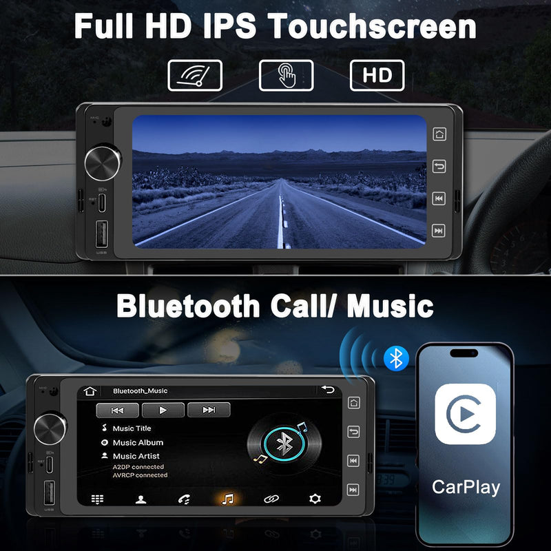 Single Din Touchscreen Radio Wireless/Wired CarPlay & Android Auto, HD IPS Touchscreen Car Stereo Single Din with Bluetooth 5.4, Mirror Link, Volume Knob, FM/SWC/EQ/USB 5.1"