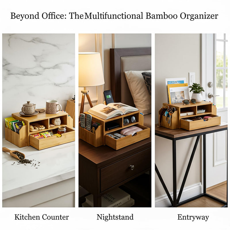 Hiceeden 2 Tier Bamboo Desktop Organizer, Desk Monitor Stand Riser with 1 Drawer and 2 Pen Holder, 2 Compartment Computer Desk Storage Organizer for Laptop, Printer