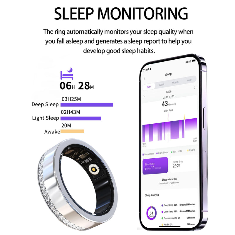 Smart Ring for Women Fitness Ring Diamond Activity Tracker Heart Rate Monitor Sleep Smart Rings Pedometer Calorie Step Counter Ladies Rings for Women Silver for iOS & Android 9