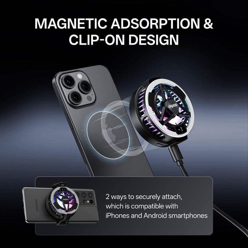 Rapoo MC05 Phone Cooler for Gaming and Streaming, Semiconductor Cooling Technology, Low-Noise, 15W Magsafe Wireless Charger, RGB Cooling Fan with Removable Grip, Compatible with iPhone Magsafe Series