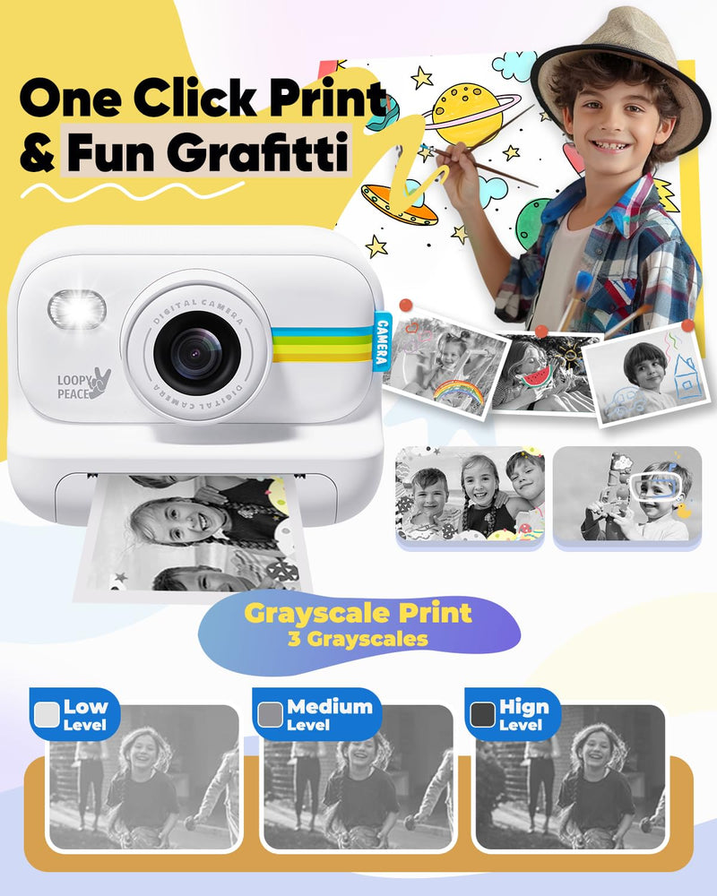 Kids Camera Instant Print, Christmas Birthday Gifts for Girls and Boys Age 3-12,1080P Kids Instant Cameras That Print Photos,Portable Toddler Toy for 3 4 5 6 7 8 9 10 11 Year Old Boys White