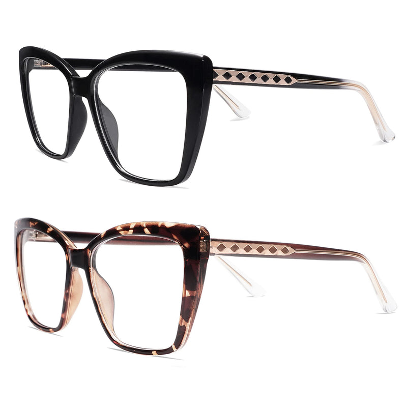 AMOMOMA Trendy TR90 Oversized Blue Light Reading Glasses Women,Stylish Square Cat Eye Glasses AM6031 C1.black+c6.tortoise 1.5 x