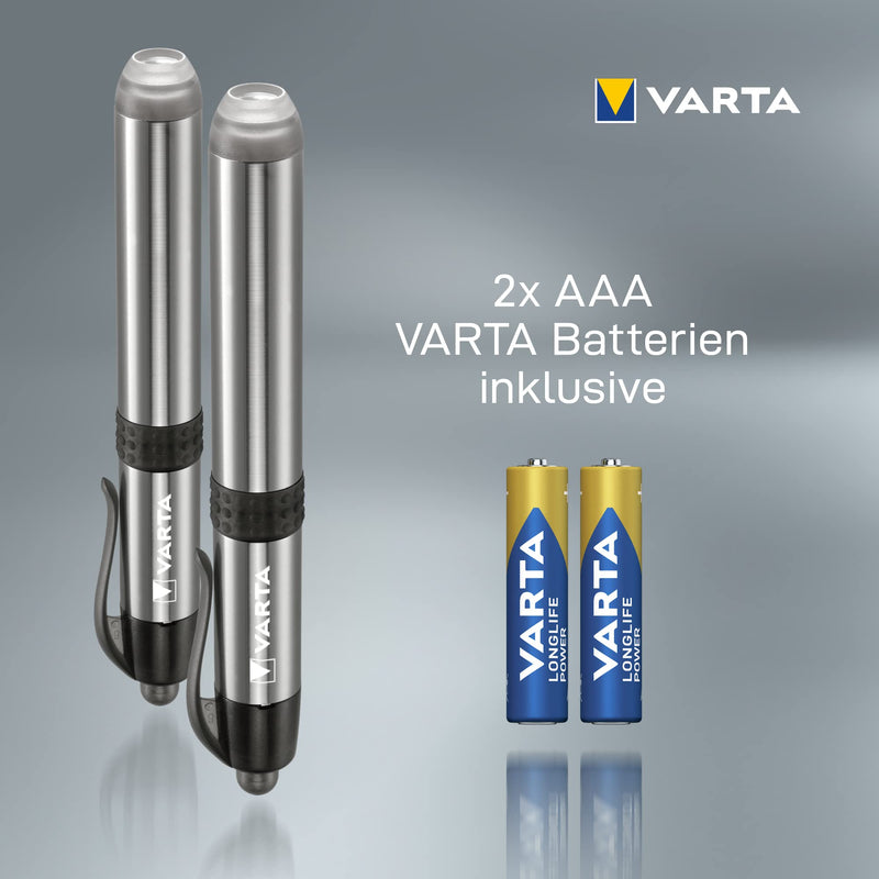 VARTA 2 x Diagnostic Light LED Double Pack Including 1x AAA Battery, Pen Light, Pupil Light, Extremely Slim and Lightweight Pen Torch, Torch, for Hospital, Doctor's Practice, Silver Diagnostikleuchte LED 2er Pack