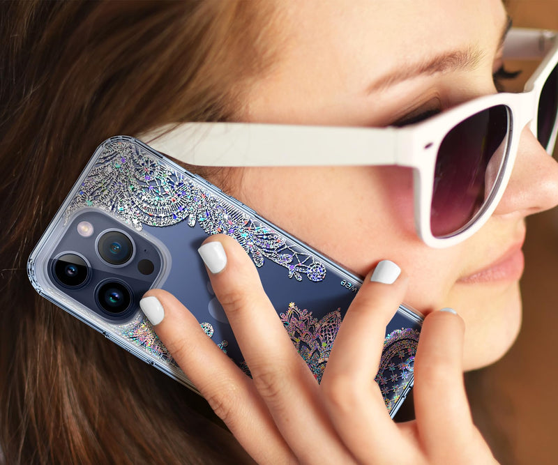 Coolwee Anti Yellowing Clear Glitter for Apple iPhone 15 Pro Max Case Floral, 6.7 inch, 6.6ft Military Grade Protective Cute Mandala Crystal Bling Lace Slim TPU with Camera & Screen Protector Clear Glitter Lace