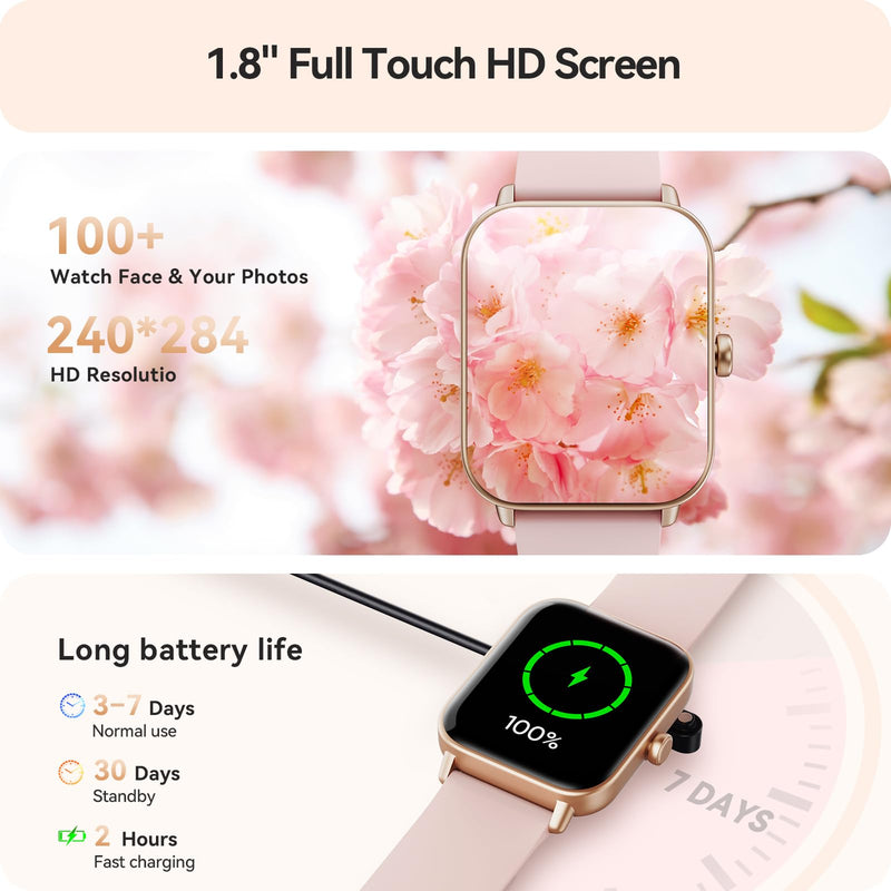 Smart Watch for Women Android & iPhone, Alexa Built-in, IP68 Waterproof Activity Fitness Tracker with Bluetooth Call (Answer/Make), 1.8" Smartwatch with Heart Rate/SpO2/Sleep Monitor, 100+ Sports Mode | Pink 1.8 inches