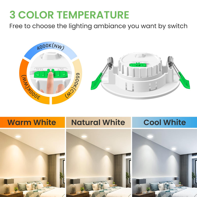 [AUSTRALIA] - ALUSSO LIGHTING LED Recessed Spotlight, 230 V, Dimmable Flat, Spotlights, 6 W, 68 mm with Removable Module, 3CCT Warm White, Natural White, Cool White, IP44 Recessed Lights, Ceiling Spotlights for Set of 6 White Fixed - 3 Cct, Hole Size Diameter 68-75 Mm 