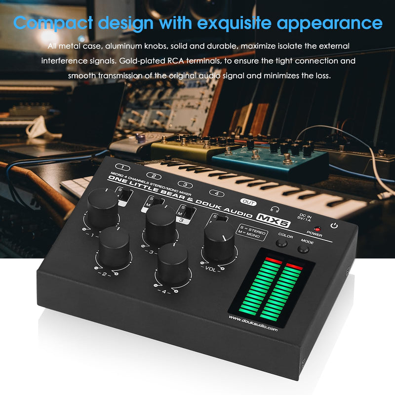Douk Audio MX5 4 Channel Audio Mixer 4-CH Line-Mixing Mono Stereo Ultra Low-Noise LED Level Meter