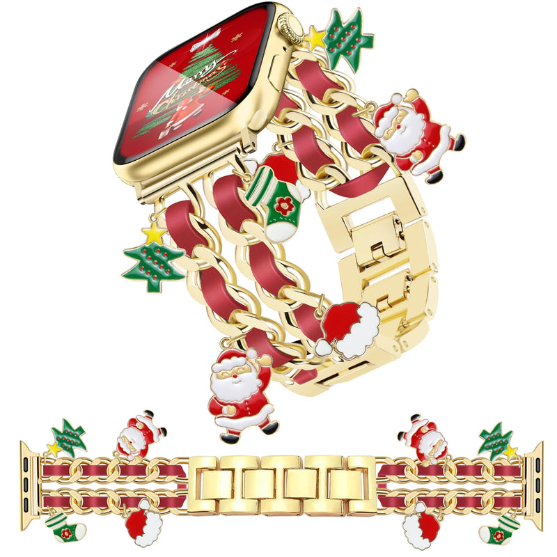 Newlibery Christmas Natural Stone Bracelet Band Gold Charms Metal Strap Bundle Compatible with Apple Watch 38mm 40mm 41mm 42mm 44mm 45mm 46mm 49mm for Women for iWatch Series 10/9/8/7/6/5/4/3/2/1/SE