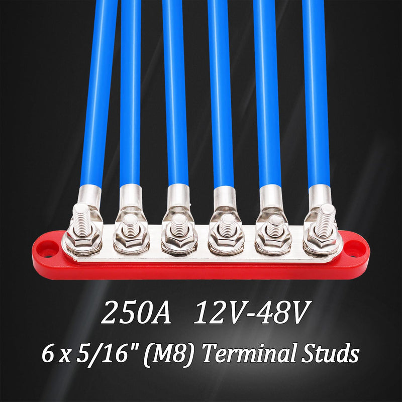 250A Bus Bar 12V Marine 6 x 5/16" (M8) Terminal Studs 12V-48V Power Distribution Block with Cover,with 6PCS Battery Lugs and 6PCS Heat Shrink Tubing Busbar for Boat Automotive Car 250A 6 x 5/16" (M8)