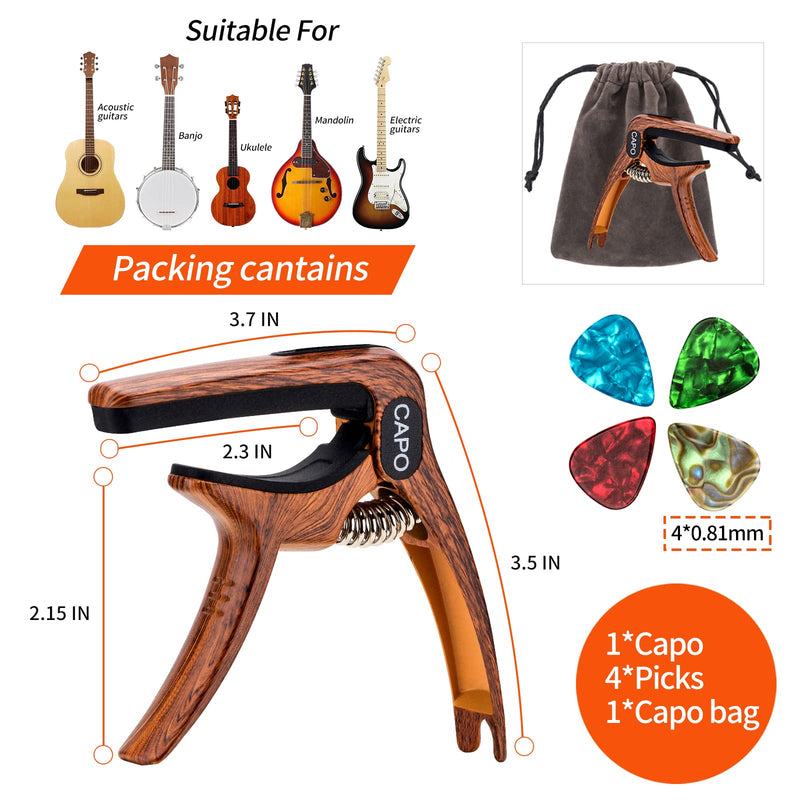 Guitar Capo, 3-in-1 multifunction capo for Acoustic and Electric Guitars (Free bonus 4 picks) with Pick Holder and Pin Puller, Guitar Accessories, wood grain color