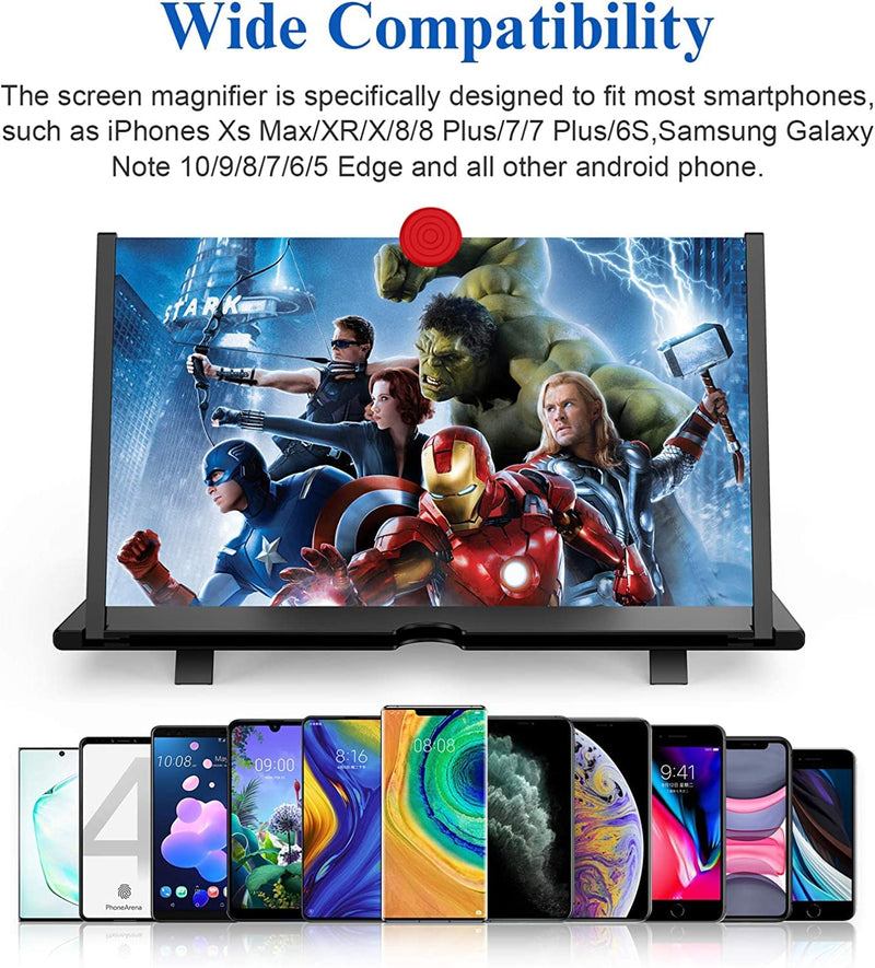16" Screen Magnifier – 3D HD Cell Phone Magnifing Screen Enlarger Projector for Movies Videos and Gaming – Foldable Phone Stand Holder with Screen Amplifier Compatible with All Smartphones Black -16 Inch