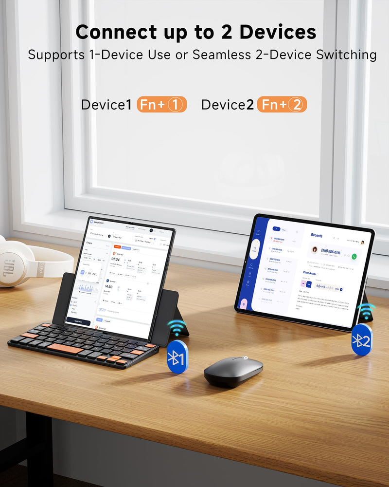 Ultra Compact Keyboard & Mouse for Galaxy Z Fold 8 Ultra/8 Wide/7/6, Phone | Portable Travel, Lightweight, Dual-device Bluetooth, Adjustable Stand, Leather Cover, Mini Wireless Keyboard, For iPad mini Orange