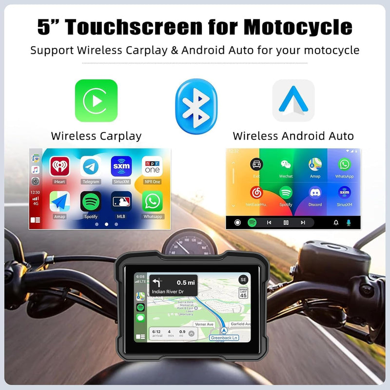 CAMECHO Portable Car Play Screen for Motorcycle, Wireless CarPlay & Android Auto for Motorbike, 5" IP68 Waterproof Touch Screen Motorcycle GPS Navigation System,Bluetooth, Support Siri USB TF EQ 12V 5 Inch+Tire Pressure