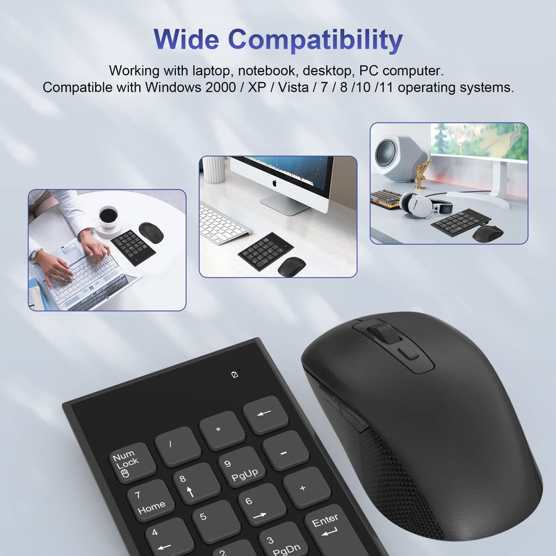 Wireless Number Pad and Mouse Combo 2.4G 19 Keys USB Wireless Numeric Keypad - 3 Adjustable Silent Mouse DPI 800/1200/1600, Number Keypad for Laptop/Notebook/Desktop/PC Computer, with USB Receiver
