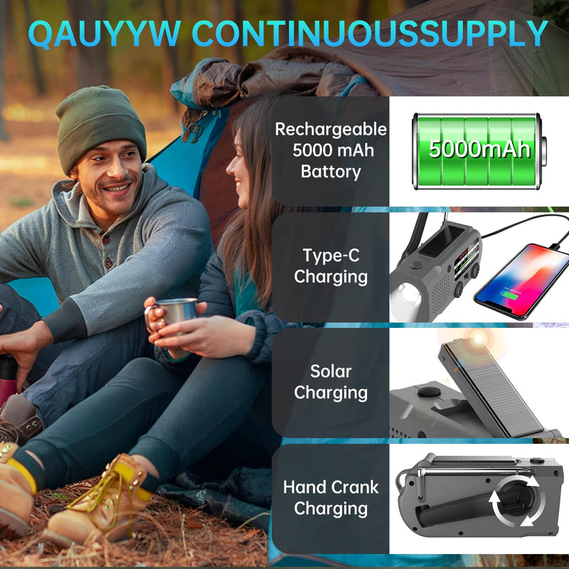 Emergency Radio, Multifunction Solar Crank Radio NOAA Weather AM/FM Radio 5000mAh/18500mWh with USB Charged, Reading Light, Flashlight, SOS Alarm, Headphone Jack Prepare for Emergencies Black