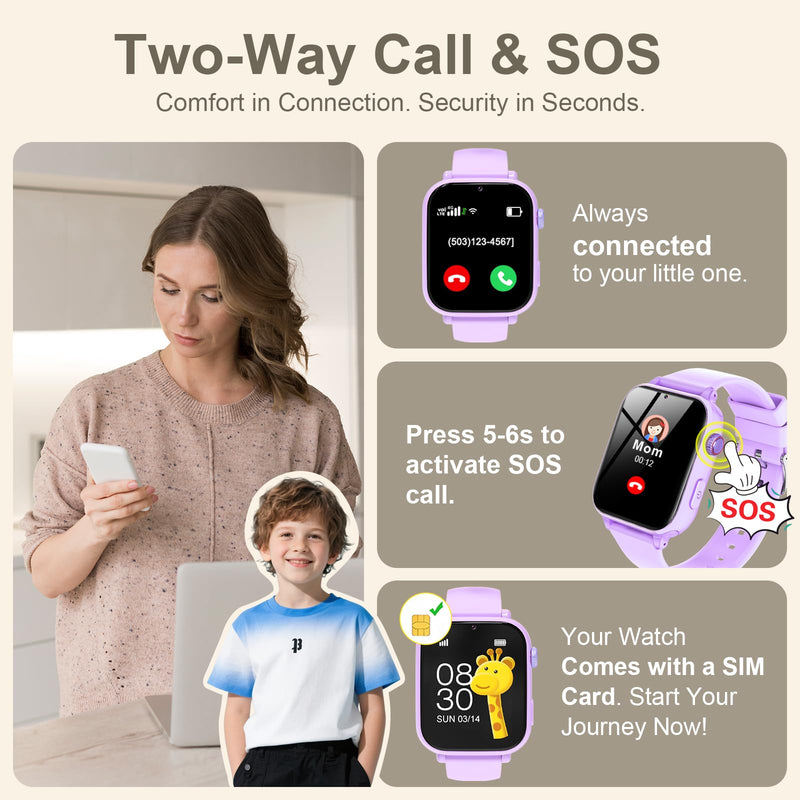 Kids Smartwatch for Boys Girls with GPS Tracker 4G LTE Calling & Real-Time Location Tracking, Kids Watch with Video Chat, Camera, Games, SOS Call Watch for Children Age 3-15 (Purple)