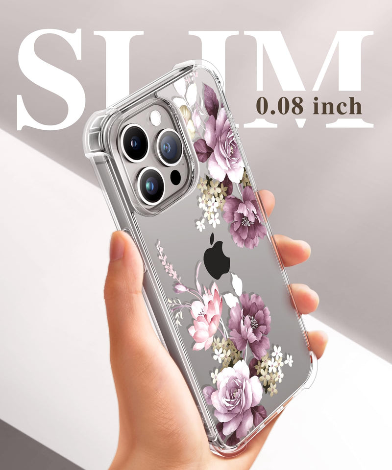 GVIEWIN for iPhone 15 Pro Case Floral, with Screen Protector+Camera Lens Protector, [Not Yellowing]Slim Shockproof Clear Phone Protective Cover for Women, Flower Pattern Design(Cherry Blossoms/Purple) A Cherry Blossoms/Purple