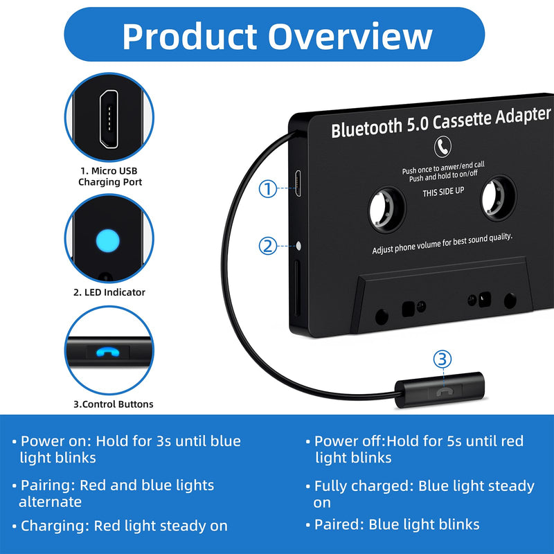 [AUSTRALIA] - Mersoco Car Bluetooth Cassette Reciver, Tape Player BT 5.0 Cassette Aux Adapter with Hands-Free Black 