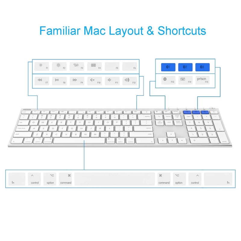 Arteck Bluetooth Keyboard for Mac iPad Multi-Device Stainless Steel Full Size Wireless Keyboard Compatible with iPad, iMac, Mac Mini, MacBook, iPhone, Mac OS, iOS, Built-in Rechargeable Battery