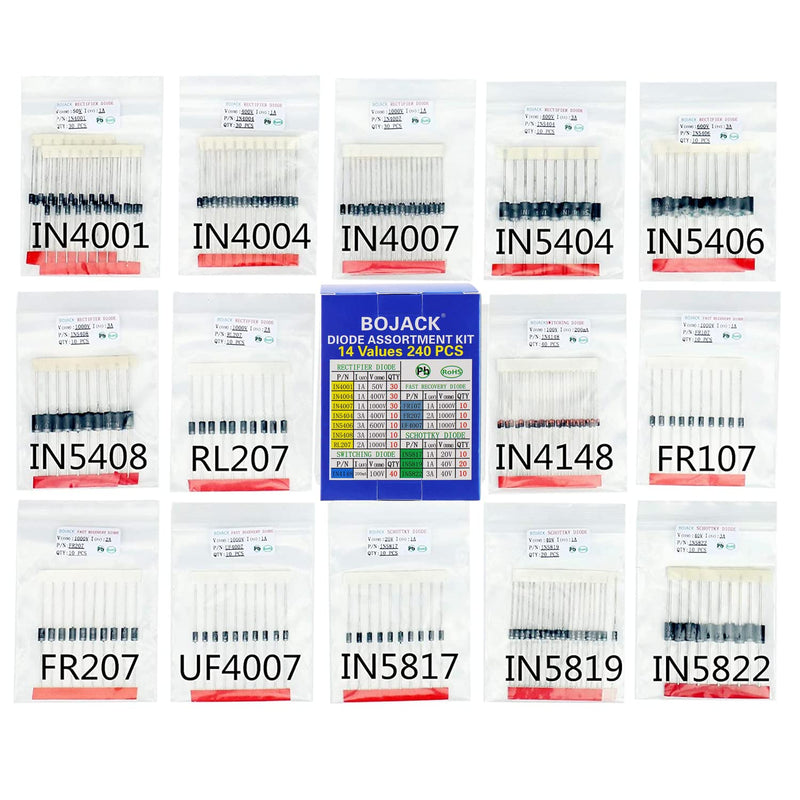 BOJACK 14 Value 240 Pieces Diode Assortment Kit Contains Rectifier/Quick Recovery/Schottky/Switching Diodes IN4001 4004 4007 5404 5406 5408 RL207 FR107 207 UF4007 IN5817 5819 5822 4148