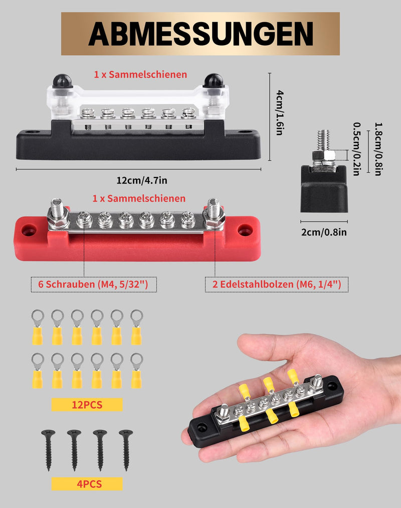 LAOYE Busbar 12V-48V DC 150A Busbar Busbar Distribution Block 12V Power Distribution Block with Cover 6x M4 Terminal Bolts 12 V Distributor for Car RV Truck Red Black Pack of 2 150A-6M4