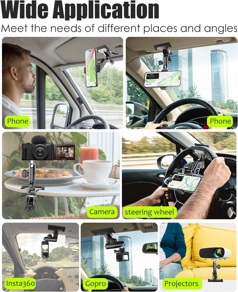 Charchendo Car Sun Visor Short Metal Arm Phone/GoPro Mount 4-7" | Bounce-Free View, Short Metal Arm, Multi Angle Adjustment, 1/4" Screw For GoPro, Fits iPhone 17 Pro Max, 4-7" Phones