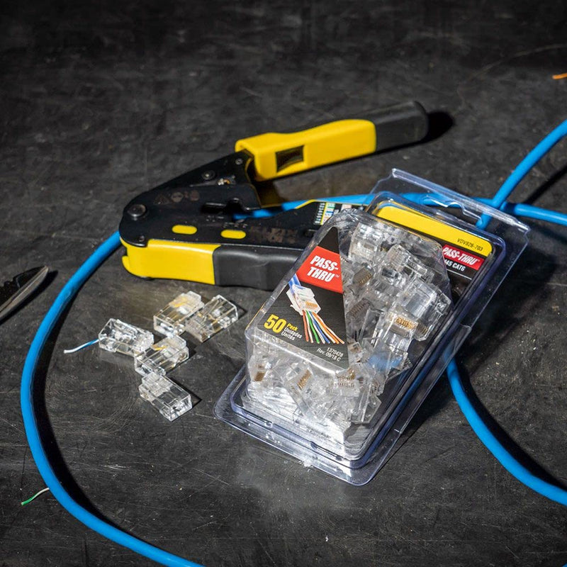 Klein Tools Pass-Thru Modular Data Plugs CAT6 and CAT5E Gold Plated 50-Pack Bundle
