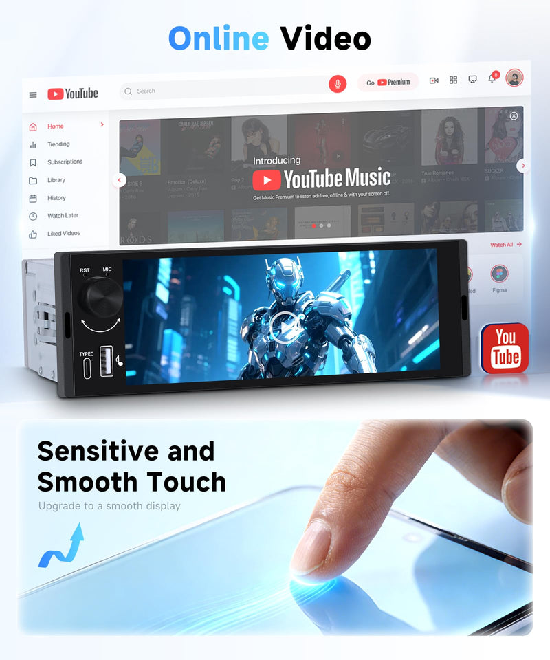 Single Din Car Stereo with 6.36 Inch Touch Screen, Wireless CarPlay & Android Auto, Mirror Link, Online Video, Bluetooth, FM Radio, 16-Band EQ, Backup Camera Included, SWC, USB/Type-C, Physical Knobs