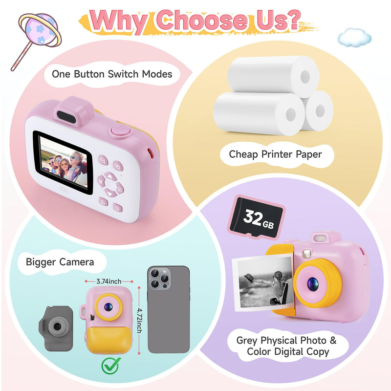 Kids Camera Instant Print for Girls Boys Age 3-12 Kids Toys, YEEHAO 12MP 1080P Kids Digital Cameras Christmas Birthday Gifts for 4 5 6 7 8 9 10 Year Old Girls, Toddler Camera Girls Toys