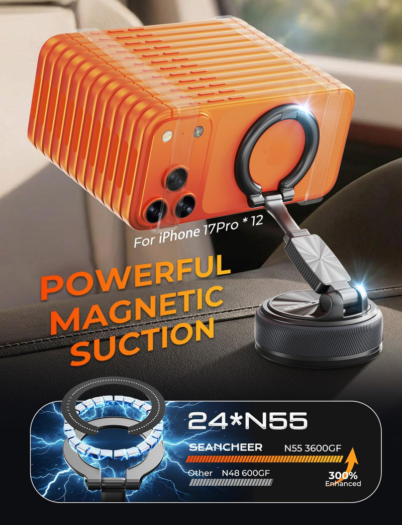 SEANCHEER Detachable 2-in-1 Magnetic Phone Holder for Car, Car Phone Mount | 360° Adjustable Suction Cup Phone Mount for MagSafe Cell Phone Holders for Your Car Dashboard & Windshield, for iPhone 17‑12 Single Head Dual Base