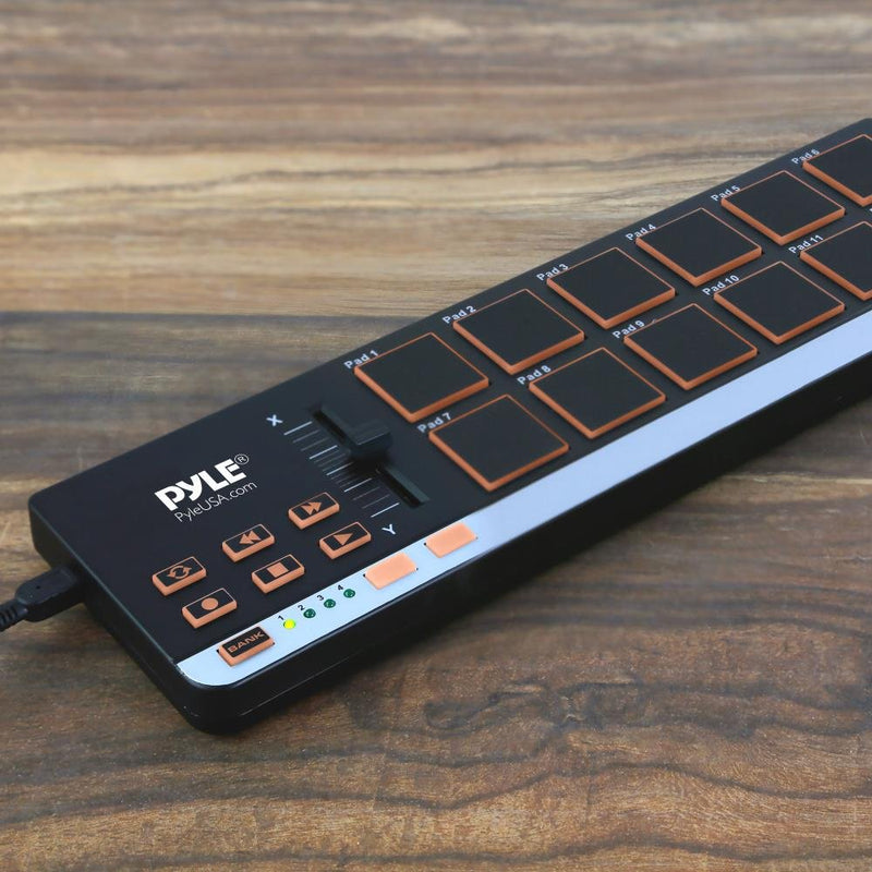 USB MIDI Controller Drum Pad - Upgraded Mini Portable Beat Maker Workstation Equipment w/12 Drum Pads, DJ Fader Slider & Transport Buttons - Control any DAW Software Kit - Pyle PMIDIPD20_0