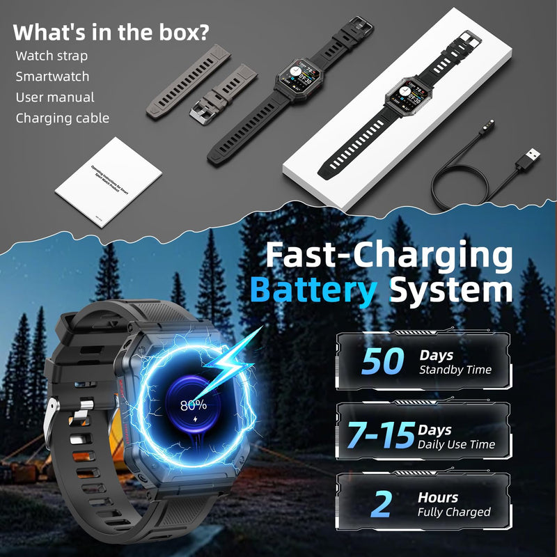 Smart Watch for Men Fitness Tracker: Bluetooth Military Digital Mens Watches Make Answer Call Waterproof Smartwatch Android Phones iPhone Samsung Compatible Running Step Pedometer Heart Rate Monitor Black
