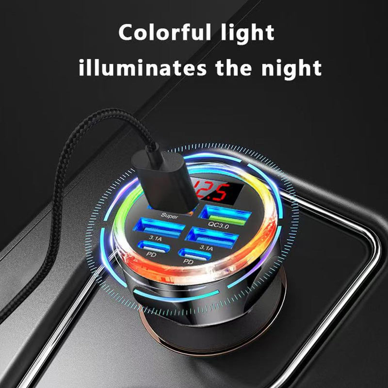 Super Fast Charge USB C Car Phone Charger Adapter 6 in 1 with Voltage Display, 250W Multi Port Cigarette Lighter USB Charge for iPhone 17 16 15 14 13 12 11 Samsung Galaxy Huawei Oneplus Oppo Vivo